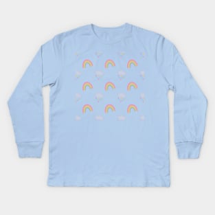 Rainbow and Rain Clouds Pattern in Blue Kids Long Sleeve T-Shirt